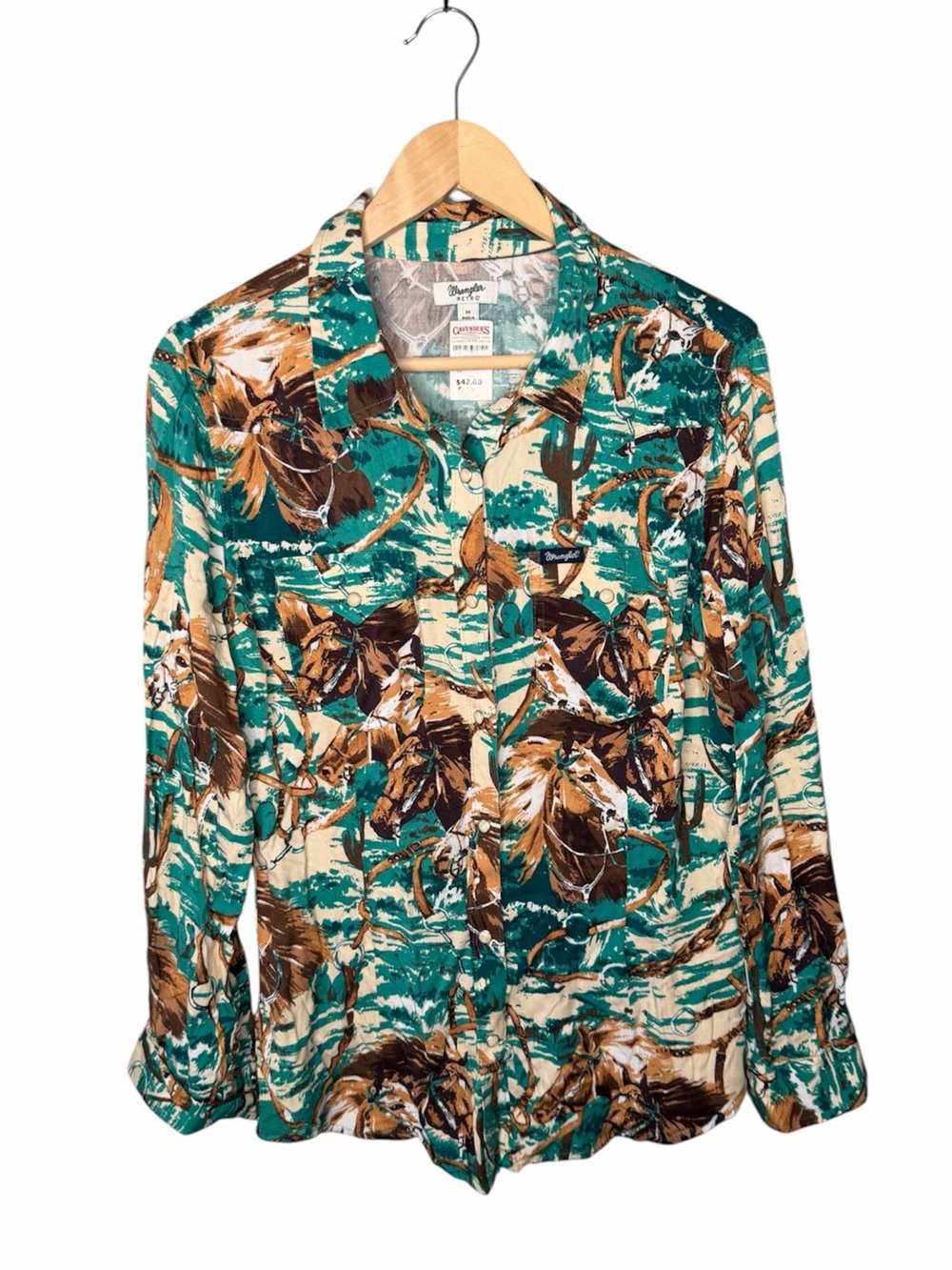 NWT Wrangler Retro Turquoise Horse Print Pearl Snap Button Down